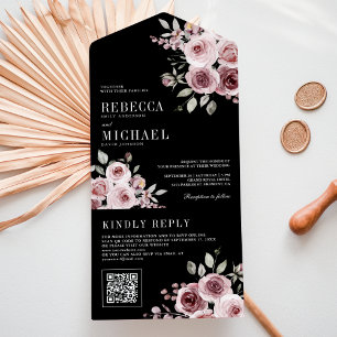 Dusty Rose Pink Floral Black QR Code Wedding All In One Invitation