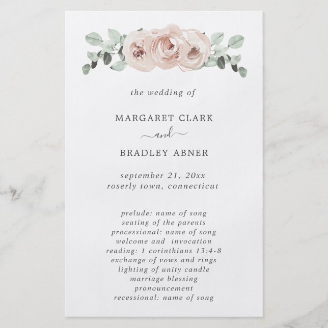 Dusty Rose Pink Floral Budget Wedding Program Flyer (Front)