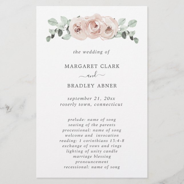 Dusty Rose Pink Floral Budget Wedding Program Flyer (Front)