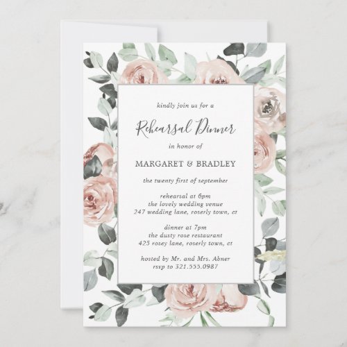 Dusty Rose Pink Floral Elegant Rehearsal Dinner Invitation