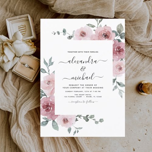 Dusty Rose Pink Floral Eucalyptus Greenery Wedding Invitation