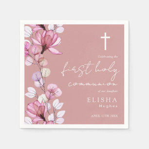 Dusty Rose Pink Floral First Holy Communion Napkins