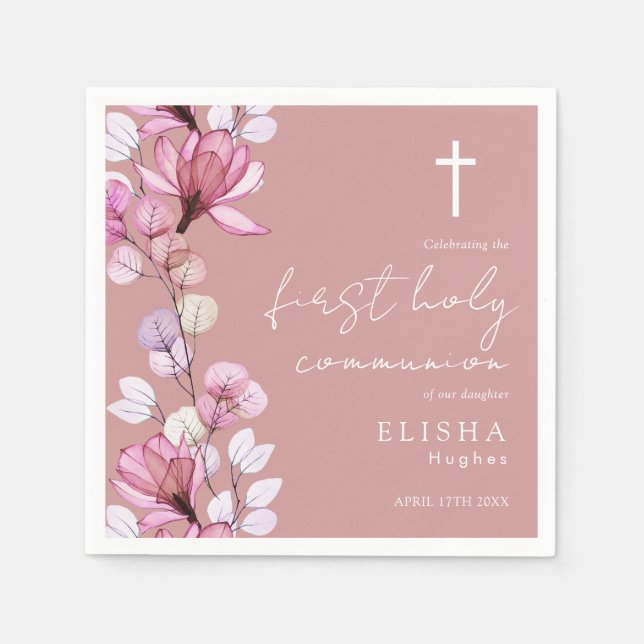 Dusty Rose Pink Floral First Holy Communion Napkins (Front)