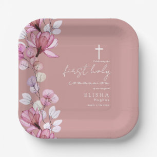 Dusty Rose Pink Floral First Holy Communion Paper Plates