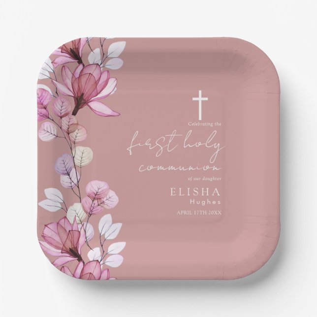 Dusty Rose Pink Floral First Holy Communion Paper Plates (Front)
