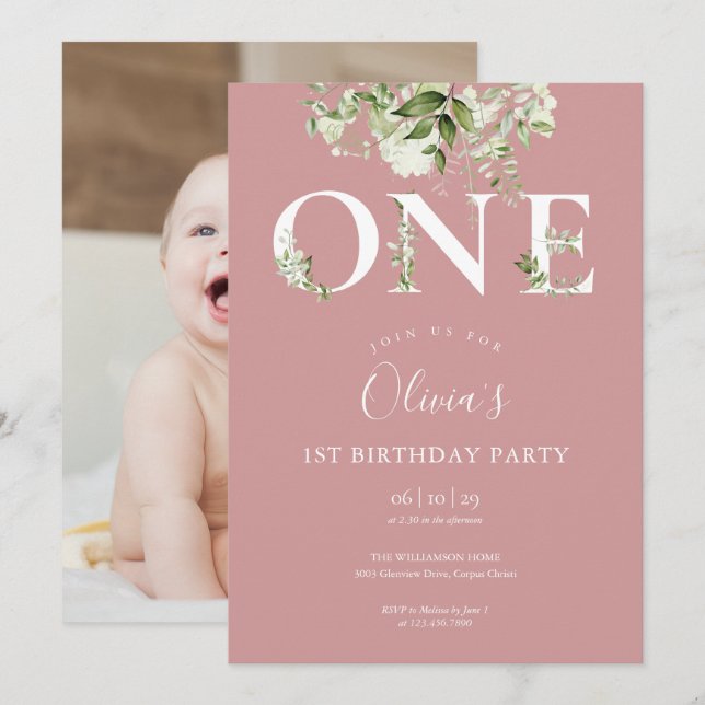 Dusty Rose Pink Floral Greenery 1st Birthday Photo Invitation (Front/Back)