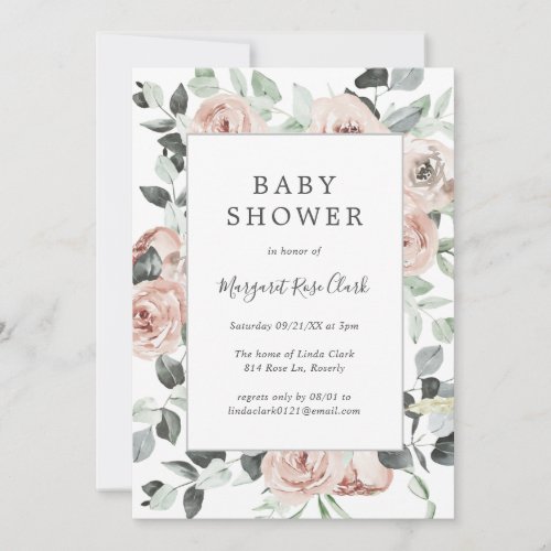 Dusty Rose Pink Floral Greenery Girl Baby Shower Invitation
