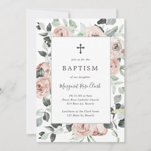 Dusty Rose Pink Floral Greenery Girl Baptism Invitation