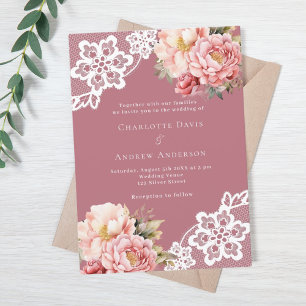 Dusty rose pink floral lace luxury wedding invitation