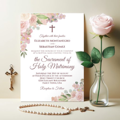 Dusty Rose Pink Floral Modern Catholic Wedding Invitation