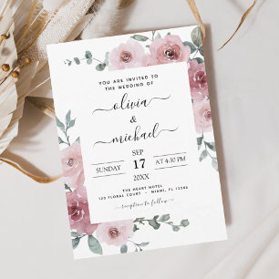 Dusty Rose Pink Floral Modern Wedding Invitation