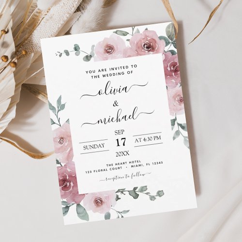 Dusty Rose Pink Floral Modern Wedding Invitation