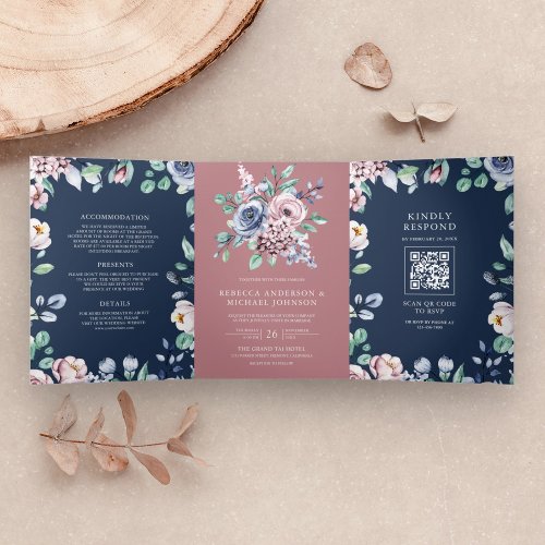 Dusty Rose Pink Floral Navy Blue QR Code Wedding Tri_Fold Invitation