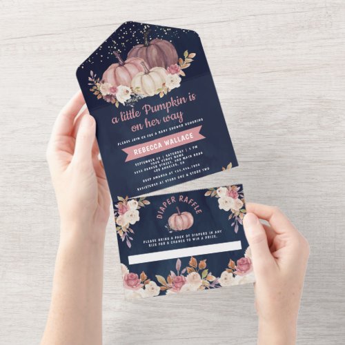 Dusty Rose Pink Floral Navy Pumpkin Baby Shower All In One Invitation