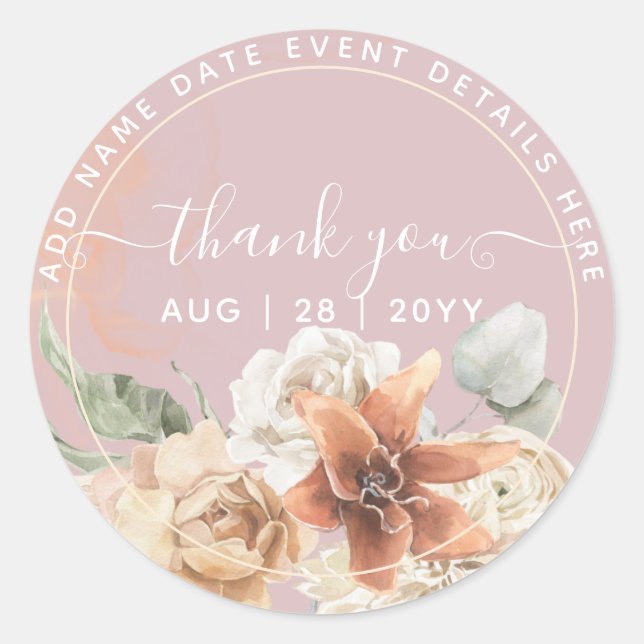 Dusty Rose Pink Floral Pampas Grass Boho Wedding Classic Round Sticker (Front)