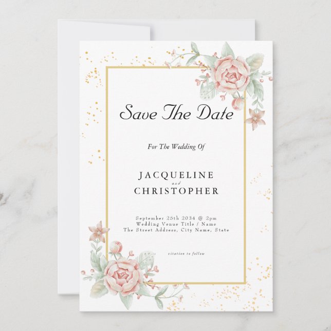 Dusty Rose Pink Floral Peony Save The Date Wedding Invitation (Front)
