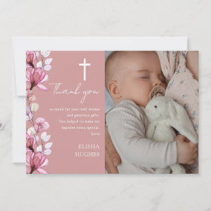 Dusty Rose Pink Floral Photo Baptism Christening Thank You Card