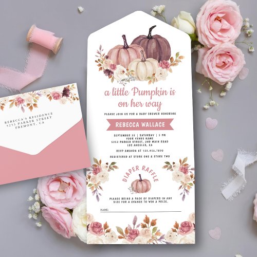 Dusty Rose Pink Floral Pumpkin Baby Shower All In One Invitation
