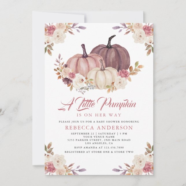 Dusty Rose Pink Floral Pumpkin Baby Shower Invitation
