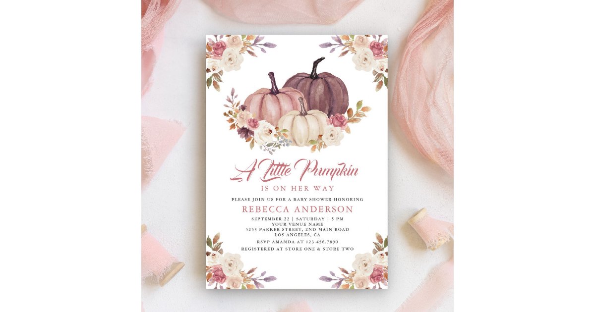 Dusty Rose Pink Floral Pumpkin Baby Shower Invitation
