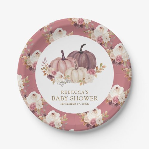 Dusty Rose Pink Floral Pumpkin Baby Shower Paper Plates