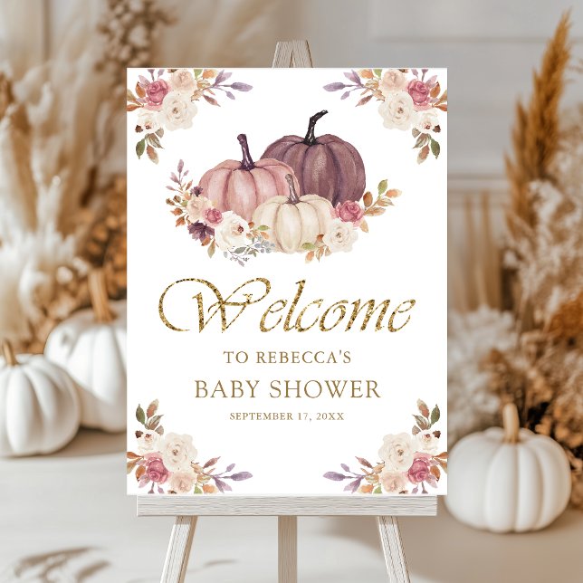 Dusty Rose Pink Floral Pumpkin Baby Shower Welcome Foam Board (Creator Uploaded)
