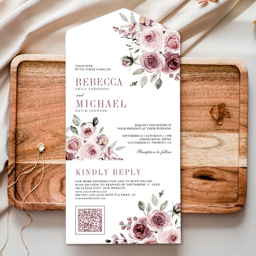 Dusty Rose Pink Floral QR Code Wedding All In One Invitation