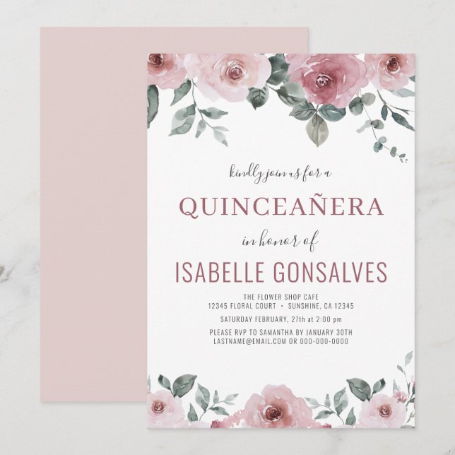 Dusty Rose Pink Floral QUINCEAÑERA Celebration  Invitation (Front/Back)
