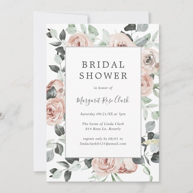 Dusty Rose Pink Floral Sage Greenery Bridal Shower Invitation (Front)