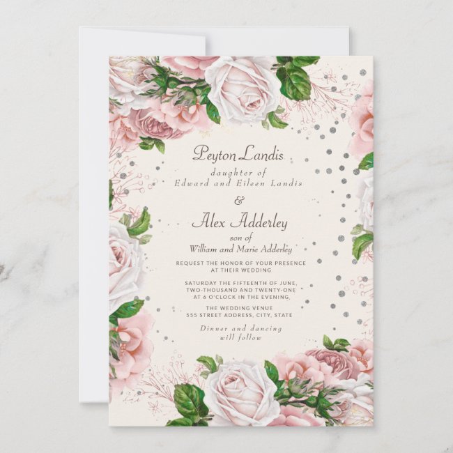 Dusty Rose Pink Floral Silver Glitter Wedding Invitation