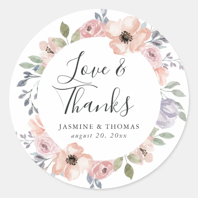 Dusty Rose Pink Floral | Thank You Wedding Favor Classic Round Sticker ...