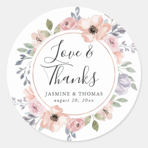 Dusty Rose Pink  Floral  Thank You Wedding Favor Classic Round Sticker