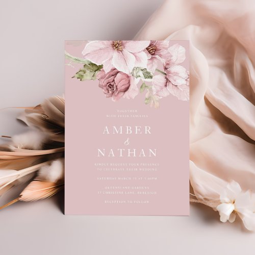 Dusty Rose Pink Floral Watercolor Elegant Wedding Invitation