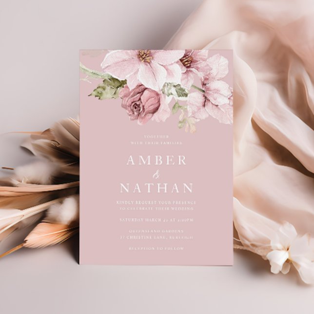 Dusty Rose Pink Floral Watercolor Elegant Wedding Invitation (Creator Uploaded)