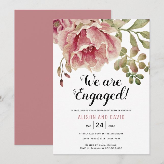 Dusty rose pink floral wedding engagement party  invitation (Front/Back)