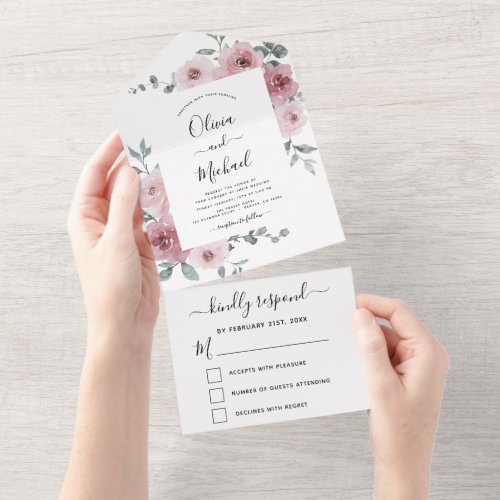 Dusty Rose Pink Floral Wedding Eucalyptus RSVP All In One Invitation