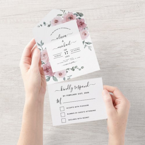 Dusty Rose Pink Floral Wedding Eucalyptus RSVP All In One Invitation