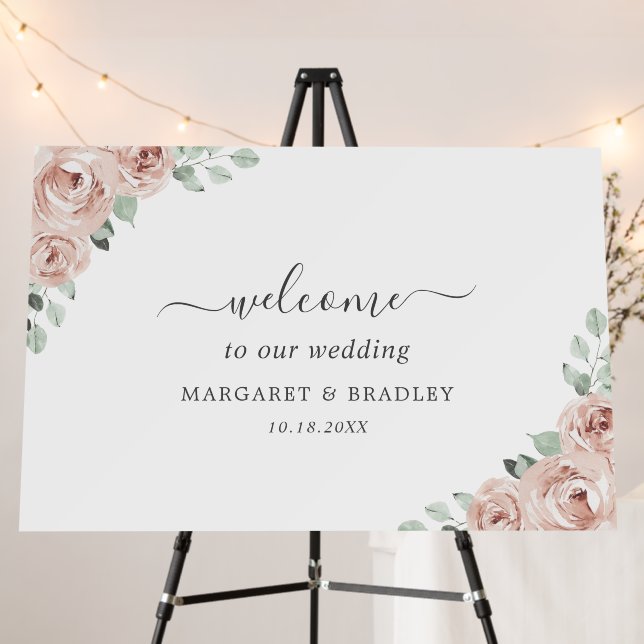 Dusty Rose Pink Floral Wedding Welcome Sign (In Situ (Stand))