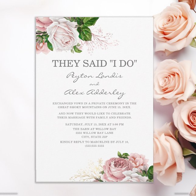 Dusty Rose Pink Floral White Elopement Reception Invitation (Pink vintage floral wedding announcement)