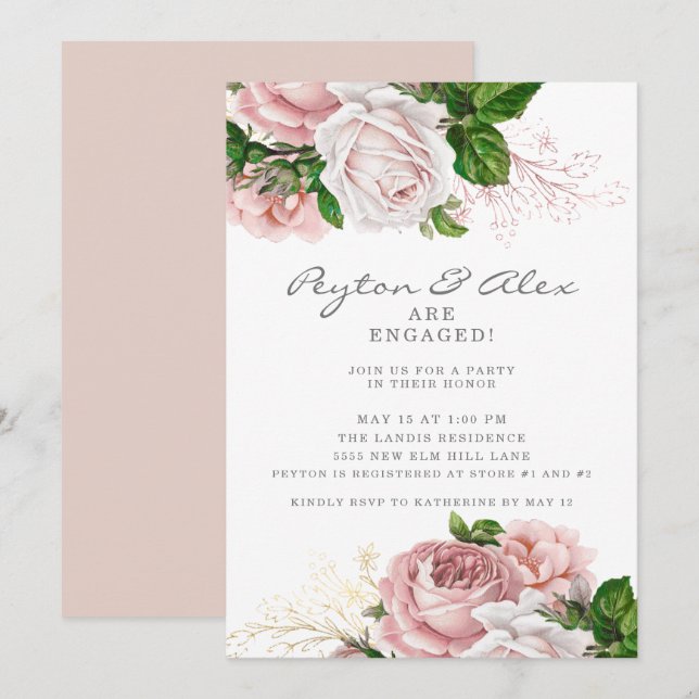 Dusty Rose Pink Floral White Engagement Party Invitation (Front/Back)