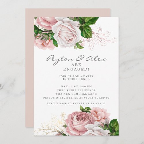 Dusty Rose Pink Floral White Engagement Party Invitation