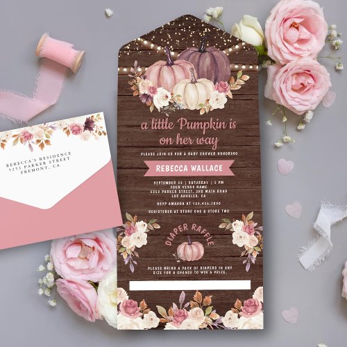 Dusty Rose Pink Floral Wood Pumpkin Baby Shower All In One Invitation