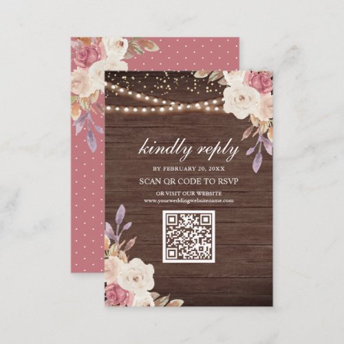 Dusty Rose Pink Floral Wood QR Code RSVP Wedding Enclosure Card