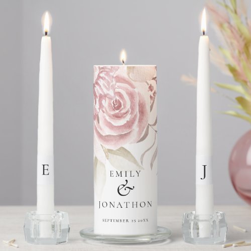 Dusty Rose Pink Florals Names Date Initials  Unity Candle Set