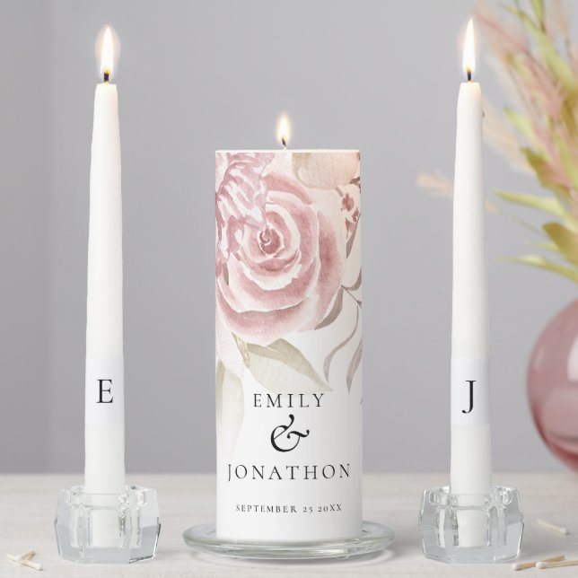 Dusty Rose Pink Florals Names Date Initials  Unity Candle Set (In Situ)
