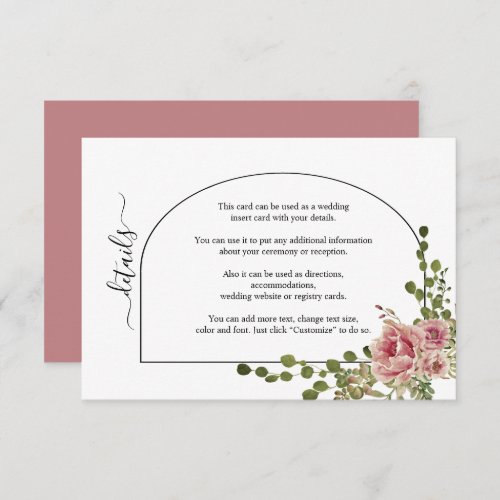 Dusty rose pink flowers and arch floral wedding enclosure card