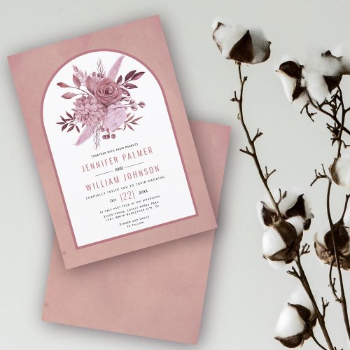 Dusty rose pink flowers and arch wedding invitation