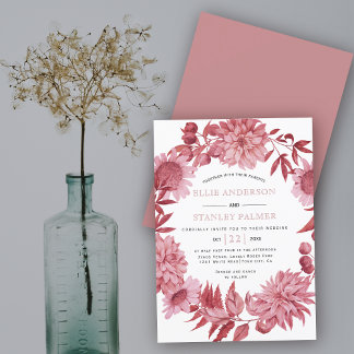 Dusty rose pink flowers and leaves wreath wedding invitation