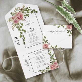Dusty rose pink flowers, arch and monogram wedding all in one invitation