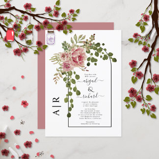 Dusty rose pink flowers arch and monogram wedding invitation